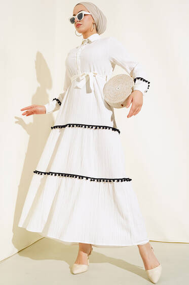 Ponponlu Elbise Ekru - Tesettür Elbise