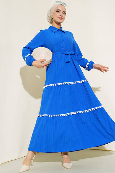 Ponponlu Elbise Saks - Tesettür Elbise