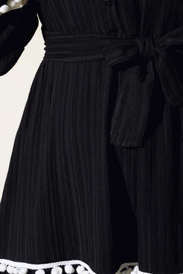 Ponponlu Elbise Siyah - Thumbnail
