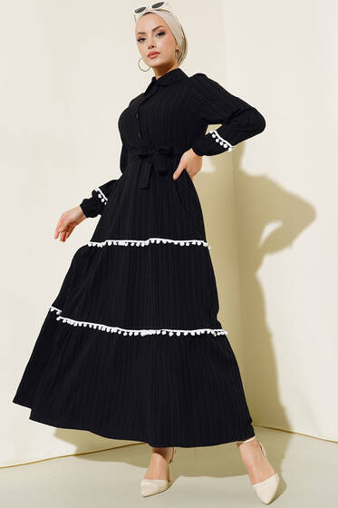 Ponponlu Elbise Siyah - Tesettür Elbise