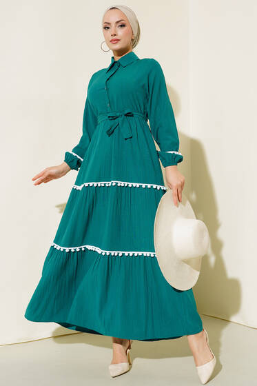 Ponponlu Elbise Zümrüt Yeşili - Tesettür Elbise