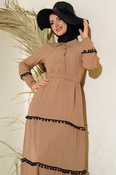 Ponponlu Kaş Elbise Camel - Elbise