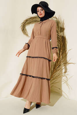 Ponponlu Kaş Elbise Camel - Tesettür Elbise