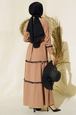 Ponponlu Kaş Elbise Camel - Tesettür Elbise