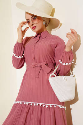 Ponponlu Kaş Elbise Gül Kurusu - Tesettür Elbise