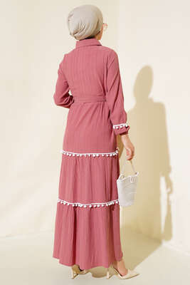 Ponponlu Kaş Elbise Gül Kurusu - Tesettür Elbise