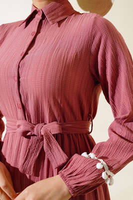 Ponponlu Kaş Elbise Gül Kurusu - Tesettür Elbise