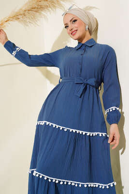 Ponponlu Kaş Elbise İndigo 