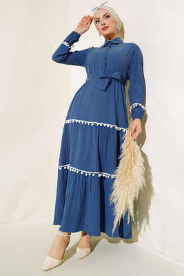 Ponponlu Kaş Elbise İndigo - Tesettür Elbise