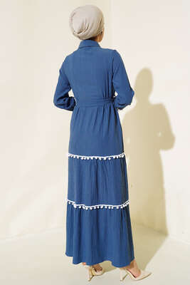 Ponponlu Kaş Elbise İndigo - Tesettür Elbise