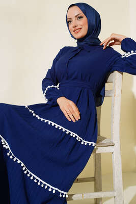 Ponponlu Kaş Elbise Lacivert - Tesettür Elbise