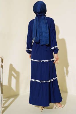 Ponponlu Kaş Elbise Lacivert - Tesettür Elbise