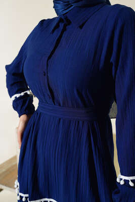 Ponponlu Kaş Elbise Lacivert - Tesettür Elbise