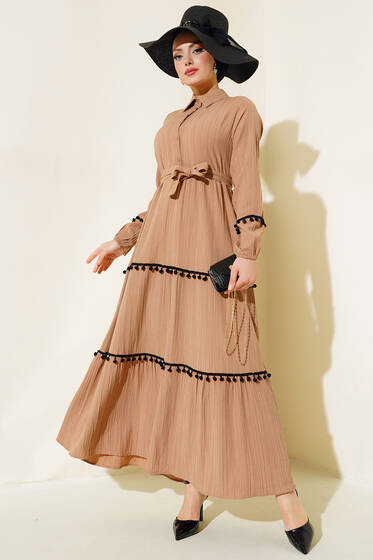 Ponponlu Kaş Elbise Latte - Elbise