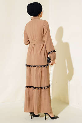 Ponponlu Kaş Elbise Latte - Tesettür Elbise