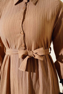 Ponponlu Kaş Elbise Latte - Tesettür Elbise