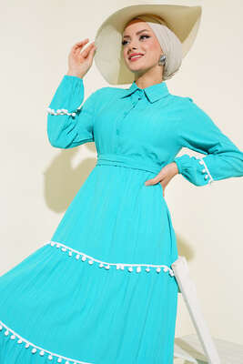 Ponponlu Kaş Elbise Mint - Tesettür Elbise