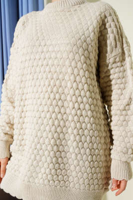 Popit Kabartmalı Triko Tunik Bej - Tunik