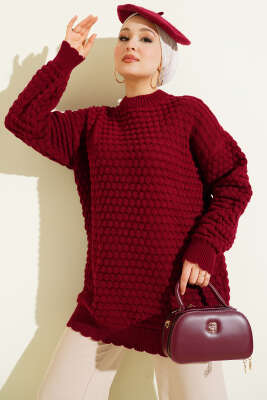 Popit Kabartmalı Triko Tunik Bordo - RAFİMİX