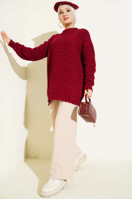 Popit Kabartmalı Triko Tunik Bordo - Tunik
