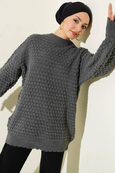 Popit Kabartmalı Triko Tunik Füme - Tunik