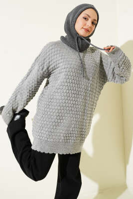Popit Kabartmalı Triko Tunik Gri 