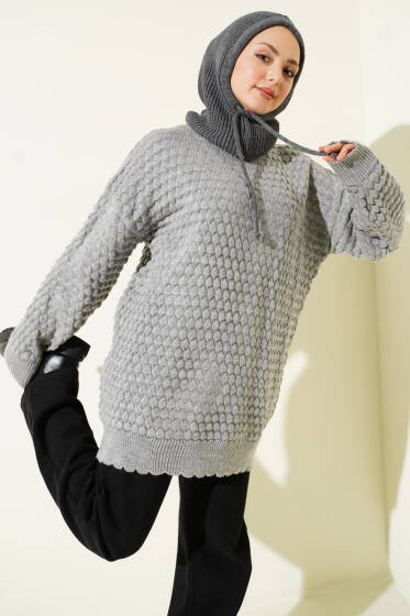 Popit Kabartmalı Triko Tunik Gri - Tunik