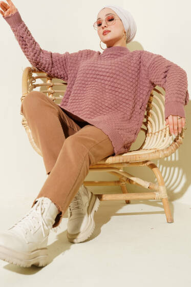 Popit Kabartmalı Triko Tunik Gül Kurusu - Tunik