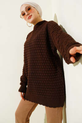 Popit Kabartmalı Triko Tunik Kahve - RAFİMİX