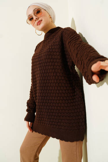 Popit Kabartmalı Triko Tunik Kahve - Tunik