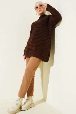 Popit Kabartmalı Triko Tunik Kahve - Tunik