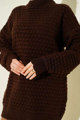 Popit Kabartmalı Triko Tunik Kahve - Tunik