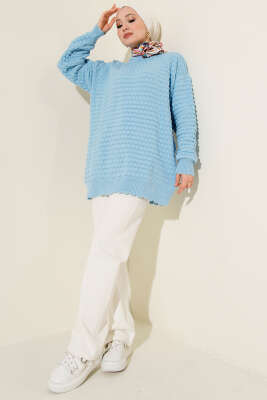 Popit Kabartmalı Triko Tunik Mavi - Tunik