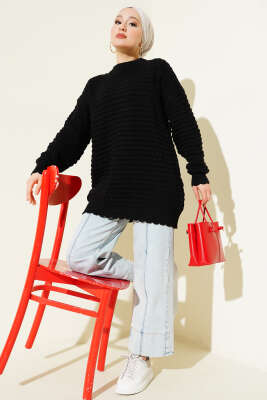 Popit Kabartmalı Triko Tunik Siyah 