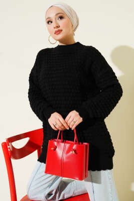 Popit Kabartmalı Triko Tunik Siyah - Tunik