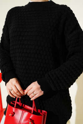 Popit Kabartmalı Triko Tunik Siyah - Tunik