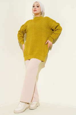 Popit Kabartmalı Triko Tunik Yağ Yeşili - Tunik