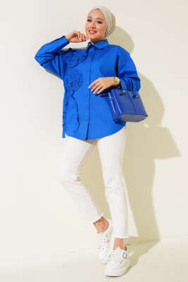Poplin Gül Nakışlı Gömlek Saks - 300-500 TL Ürünler
