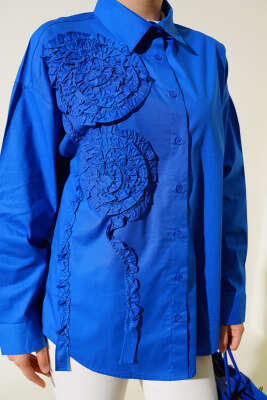 Poplin Gül Nakışlı Gömlek Saks - 300-500 TL Ürünler