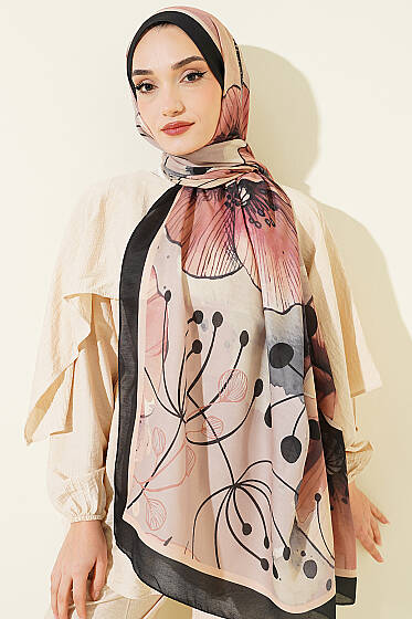 Poppy Desen Liva Modal Şal Siyah Bej - Başörtüsü