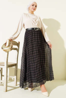 Pötikare Kemerli Kırışık Şifon Etek Haki - Etek