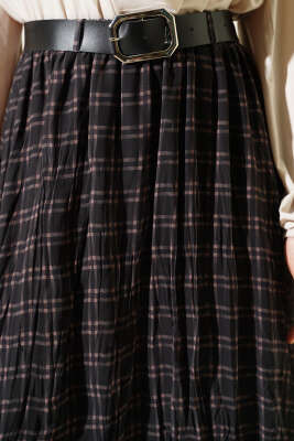 Pötikare Kemerli Kırışık Şifon Etek Haki - Etek