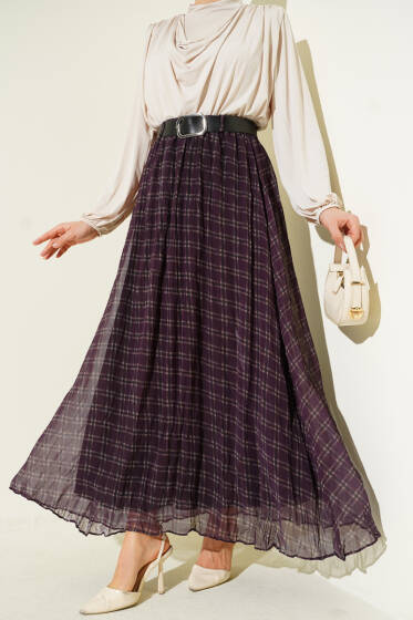 Pötikare Kemerli Kırışık Şifon Etek Mürdüm - Etek