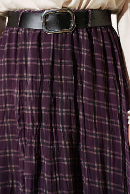 Pötikare Kemerli Kırışık Şifon Etek Mürdüm - Etek