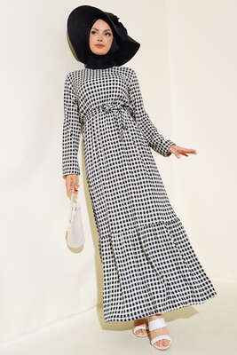 Pötikare Kuşaklı Elbise Siyah - Tesettür Elbise