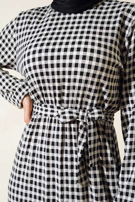 Pötikare Kuşaklı Elbise Siyah - Tesettür Elbise