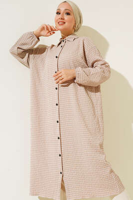 Pötikareli Gofre Uzun Gömlek Camel - Gömlek