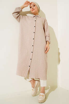 Pötikareli Gofre Uzun Gömlek Camel - SAS