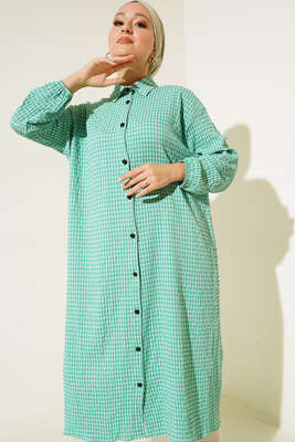 Pötikareli Gofre Uzun Gömlek Yeşil - Gömlek