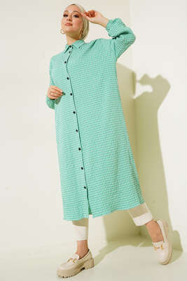 Pötikareli Gofre Uzun Gömlek Yeşil 